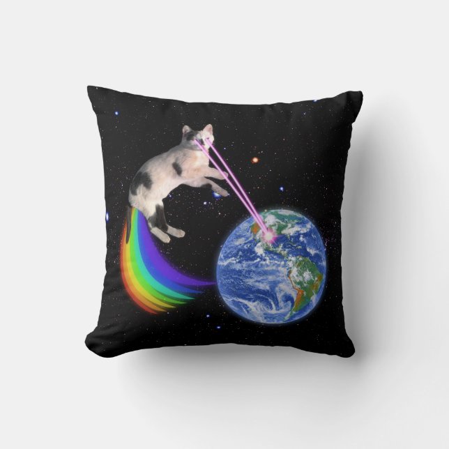 Laser Rainbow Space Cat Throw Pillow (Front)
