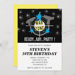 Laser tag birthday invitations black gun
