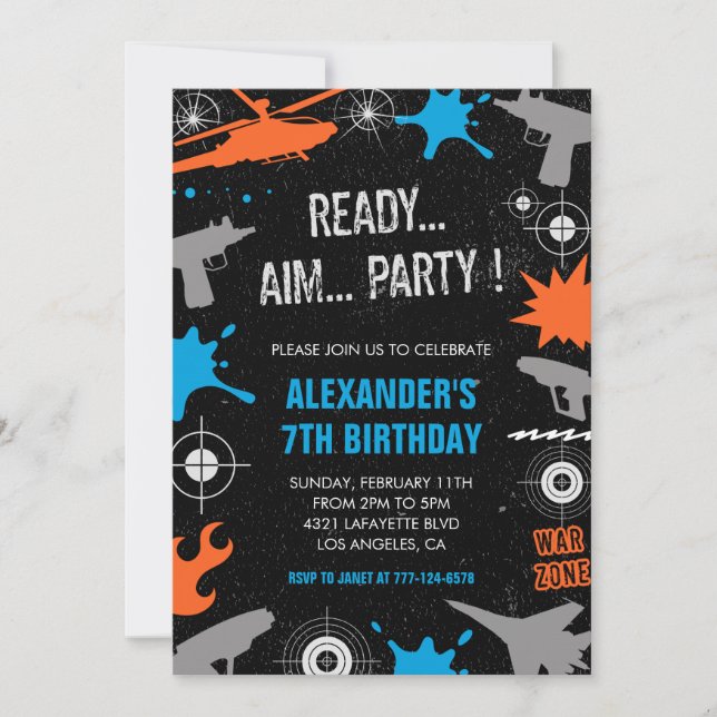 Laser tag birthday invitations gun war  (Front)