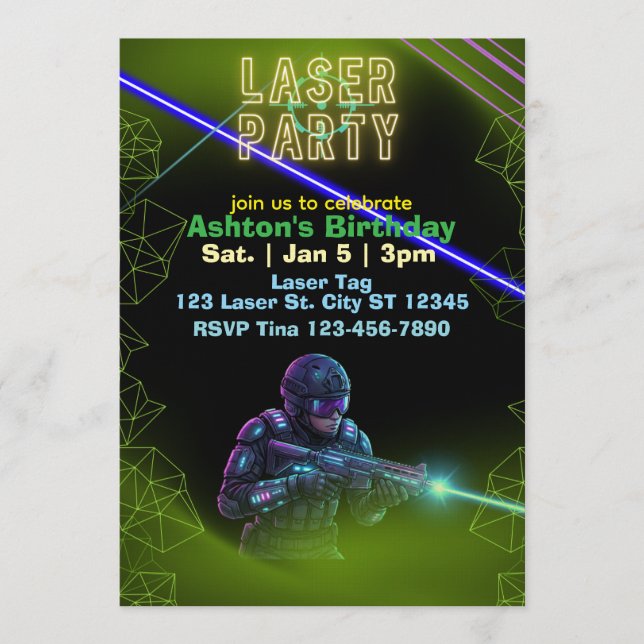 Laser Tag Birthday, Neon and Black Invitation (Front)