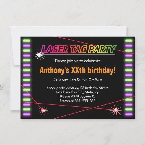 Laser tag birthday party cool black invitation