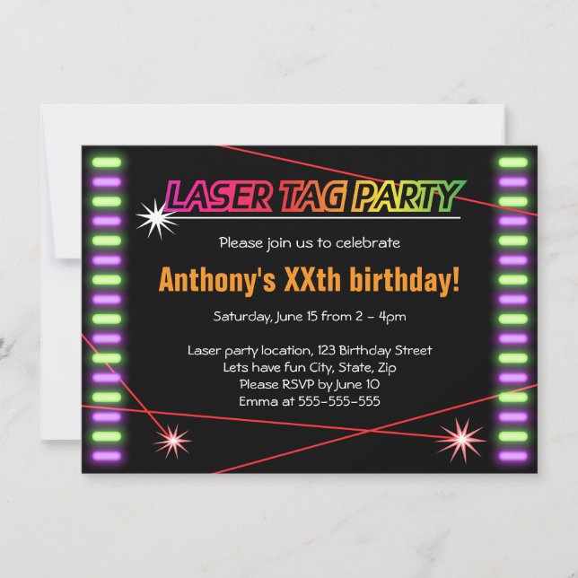 Laser tag birthday party cool black invitation (Front)