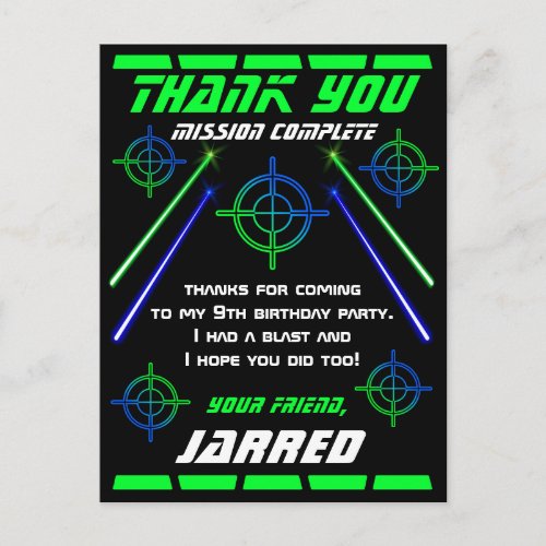 Laser Tag Birthday Party Thank You Postcard