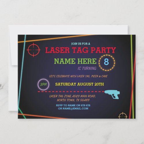 Laser Tag Birthday Party Zone Neon Laser Gun Fun Invitation