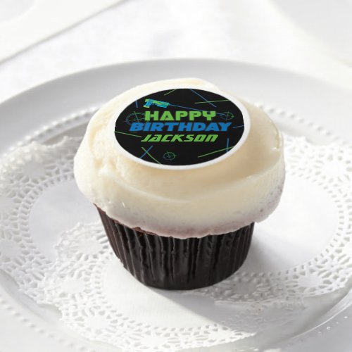 Laser Tag Blue and Green Happy Birthday Edible Frosting Rounds