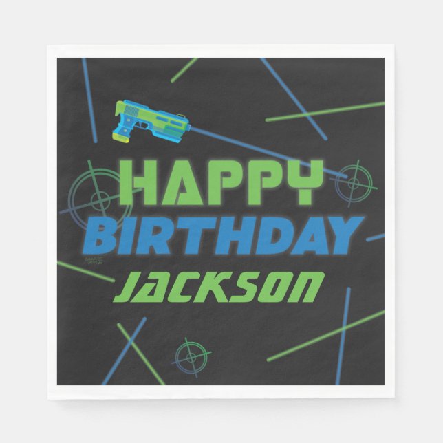 Laser Tag Blue and Green Happy Birthday Napkins (Front)