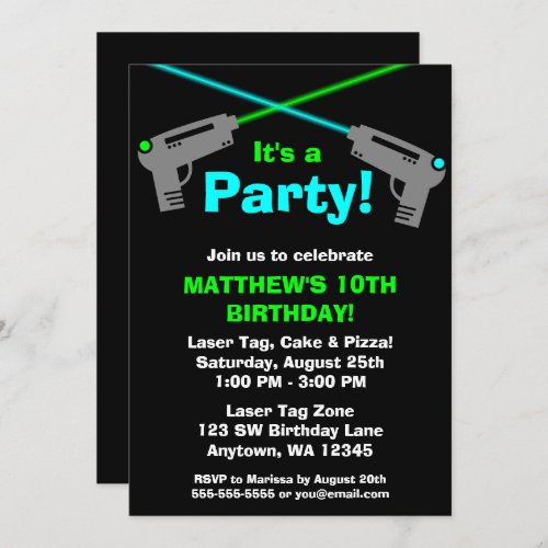 Laser Tag Blue Green Birthday Party Invitations