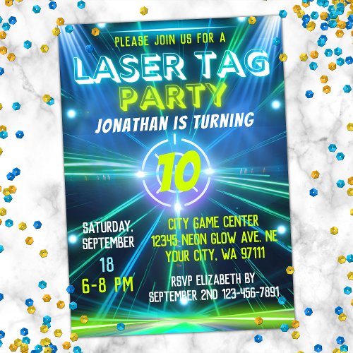 Laser Tag Blue Green Neon Glow Boys Birthday Party Invitation