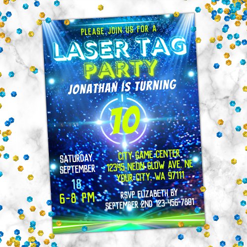 Laser Tag Blue Green Neon Glow Boys Birthday Party Invitation