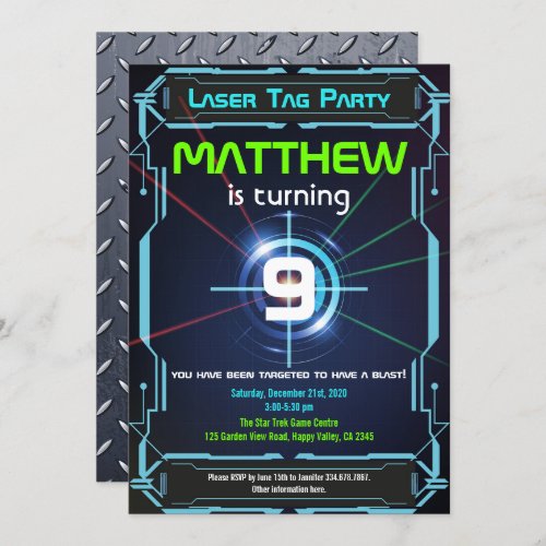 Laser Tag Boy Birthday Party Invitation Green Blue