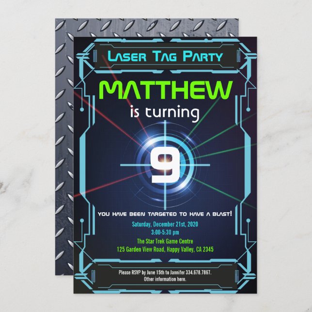Laser Tag Boy Birthday Party Invitation Green Blue (Front/Back)