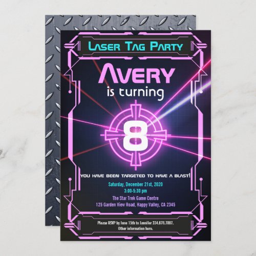 Laser Tag Girl Birthday Party Invitation Neon Pink