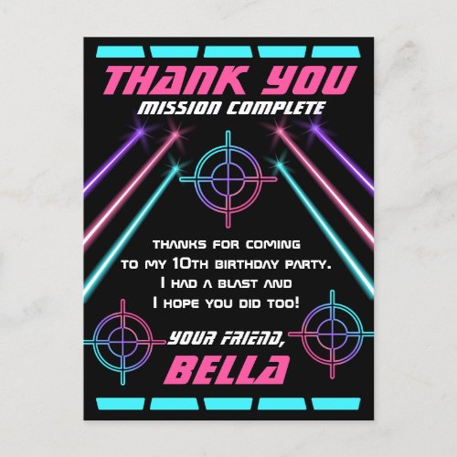 Laser Tag Girls Birthday Party Neon Beam Thank You Postcard