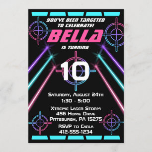 Laser Tag Girls Neon Pink, Blue Beams Birthday Invitation