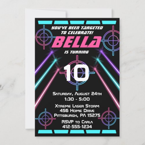 Laser Tag Girls Neon Pink Blue Beams Birthday Invitation