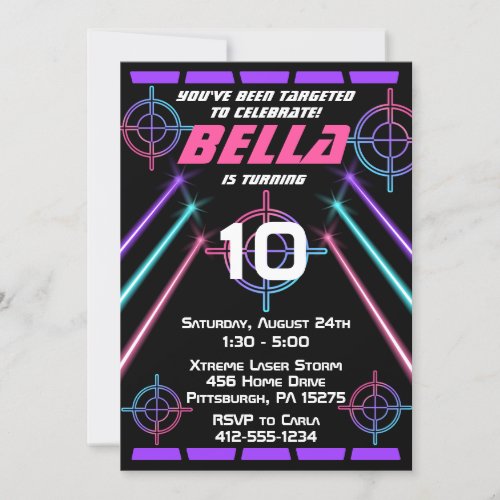 Laser Tag Girls Neon Pink Purple Beams Birthday Invitation