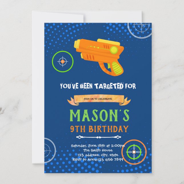 Laser tag gun birthday invitation (Front)