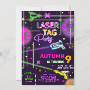 Laser Tag neon girl birthday invitation. Invitation
