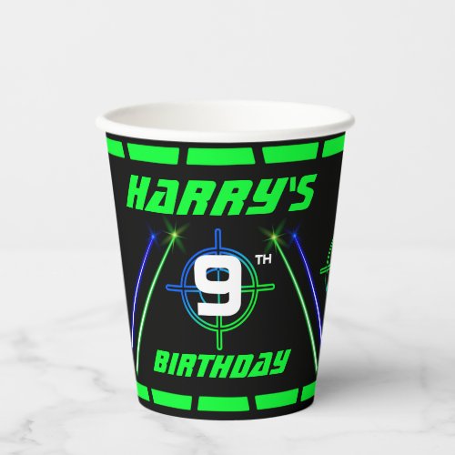 Laser Tag Neon Green and Blue Beams Birthday Paper Cups