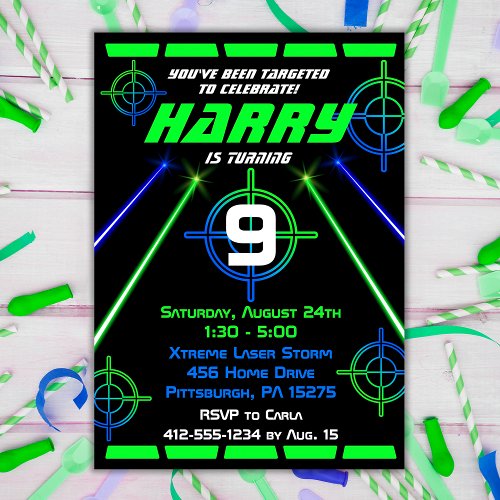 Laser Tag Neon Green and Blue Beams Birthday Party Invitation