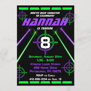 Laser Tag Neon Green & Purple Beams Birthday Party Invitation
