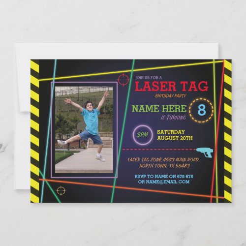 Laser Tag Photo Birthday Neon Invitation