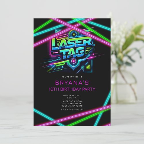 Laser Tag Pink Green Blue Birthday Party Invitation