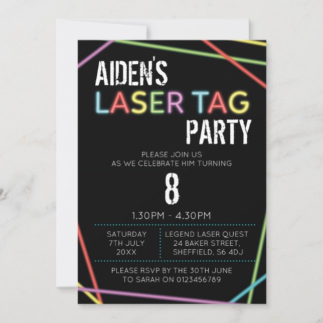 Laser Tag themed birthday party invitation (Front)