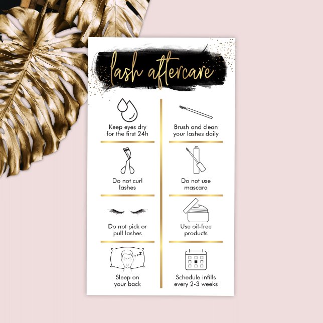 Lash Aftercare Guide Black & Gold Glitter Salon Business Card