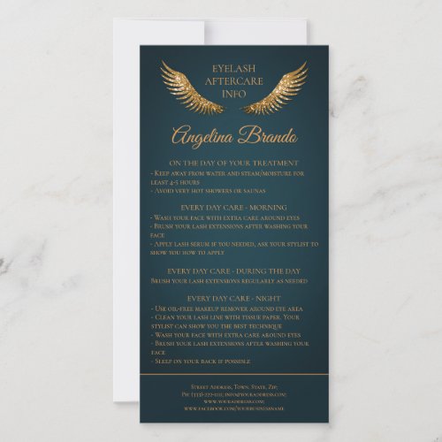 Lash Aftercare Info Gold Glitter Wings Blue Thank You Card