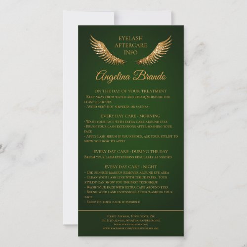 Lash Aftercare Info Gold Glitter Wings Green Thank You Card