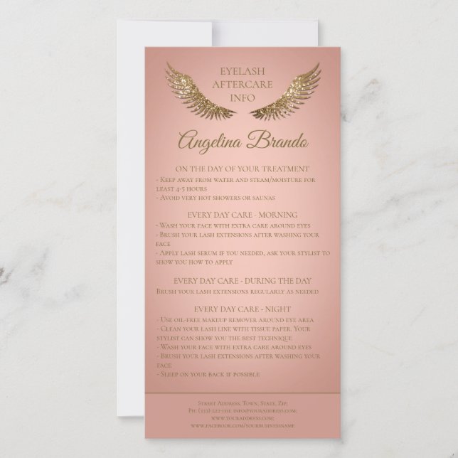 Lash Aftercare Info Golden Glitter Wings Pink Thank You Card (Front)