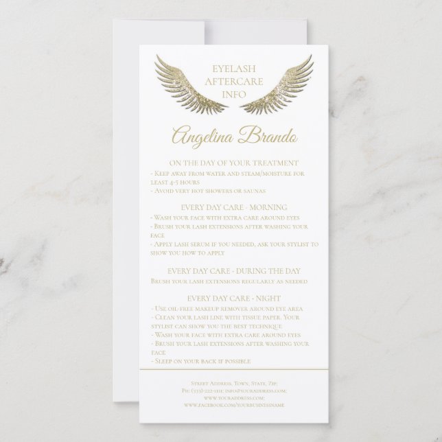 Lash Aftercare Instructions Gold Glitter Wings Thank You Card (Front)