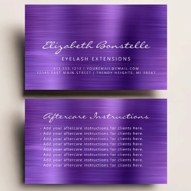 Lash Aftercare Instructions Purple Metallic Business Card (Creator Uploaded)