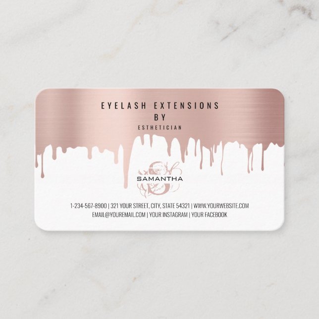 Lash Aftercare Instructions Rose Pink Gold Drips Business Card (Front)