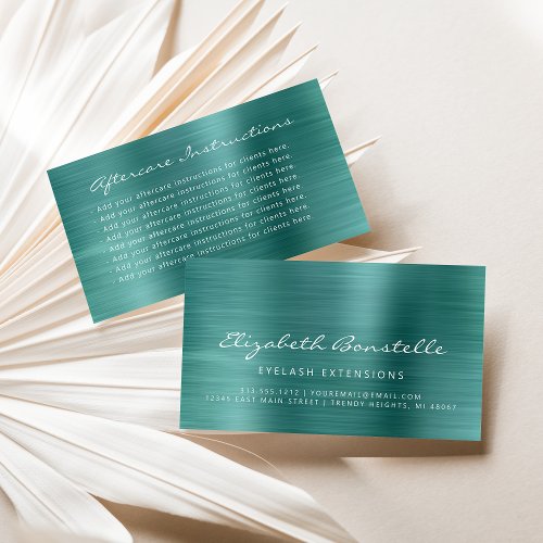 Lash Aftercare Instructions Teal Green Metallic Business Card