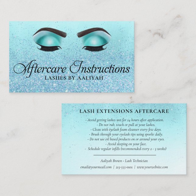 Lash Aftercare Instructions Turquoise Glam Glitter Business Card (Front/Back)