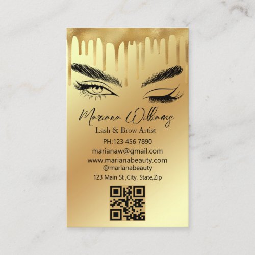  lash and brow artist qr code gold dripping business card