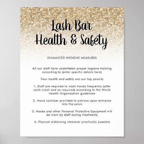 Lash Bar Health Safety Poster Gold Glitter