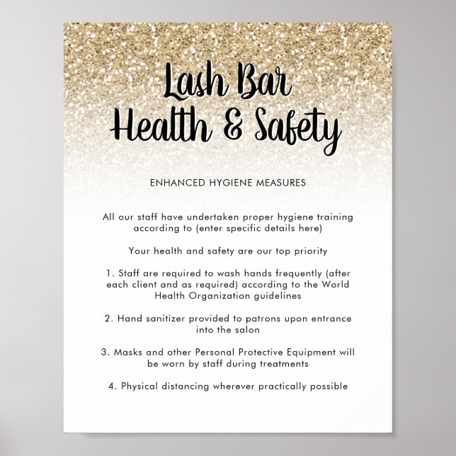 Lash Bar Health Safety Poster Gold Glitter (Front)