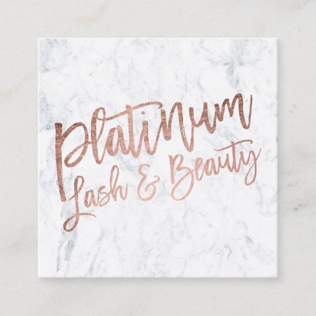 lash beauty typography rose gold white marble square business card (Front)