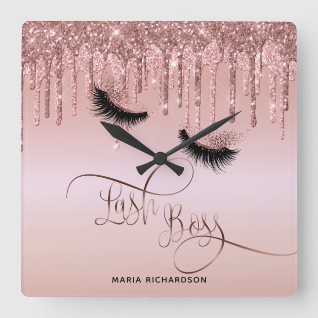 Lash Boss Makeup Eyebrow Eyes Lashes Dripping Gold Square Wall Clock (Front)