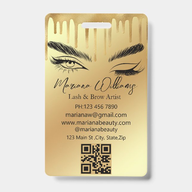 lash & brow artist qr code gold dripping business  badge (Front)