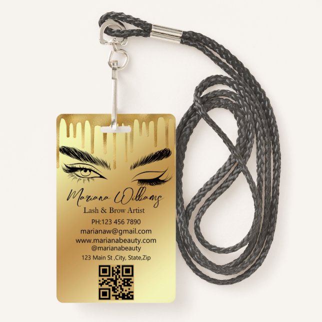 lash & brow artist qr code gold dripping business  badge (Front with Lanyard)