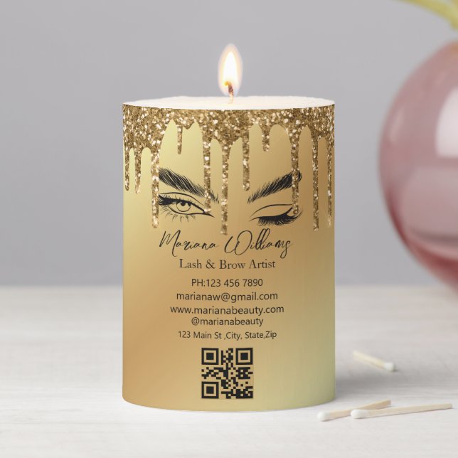 lash & brow artist qr code gold dripping business pillar candle (In Situ)