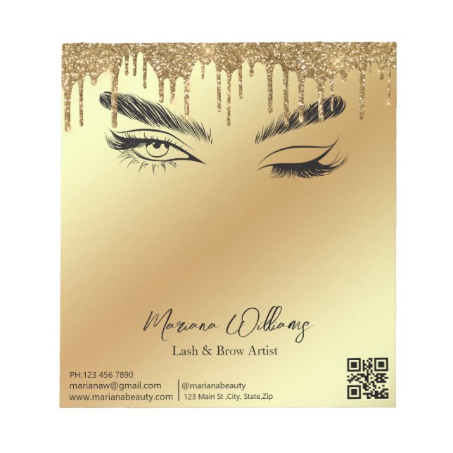 lash & brow artist qr code gold metallic business notepad (Front)