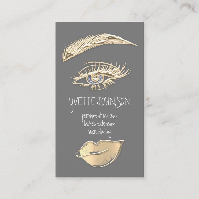 Lash Brow Permanent Makeup Logo QRCode Gold Gray Business Card (Front)