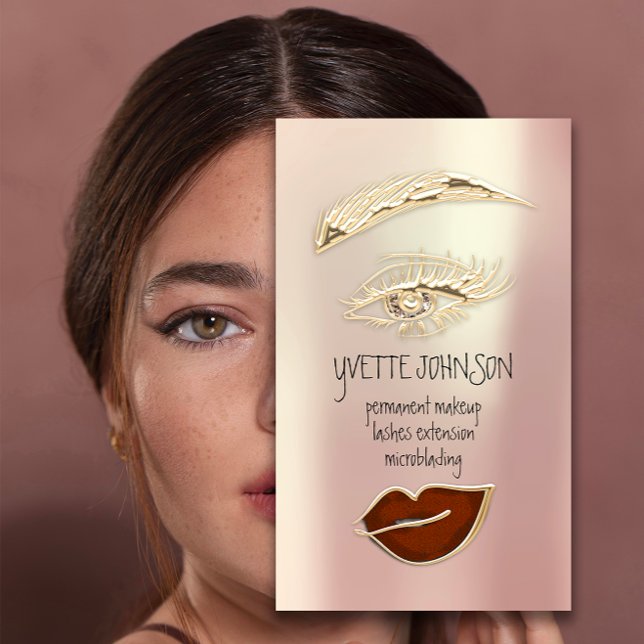 Lash Brow Permanent Makeup QRCode Gold Brown Lips Business Card (Lash Brow Permanent Makeup QRCode Gold Brown Lips Business Card)