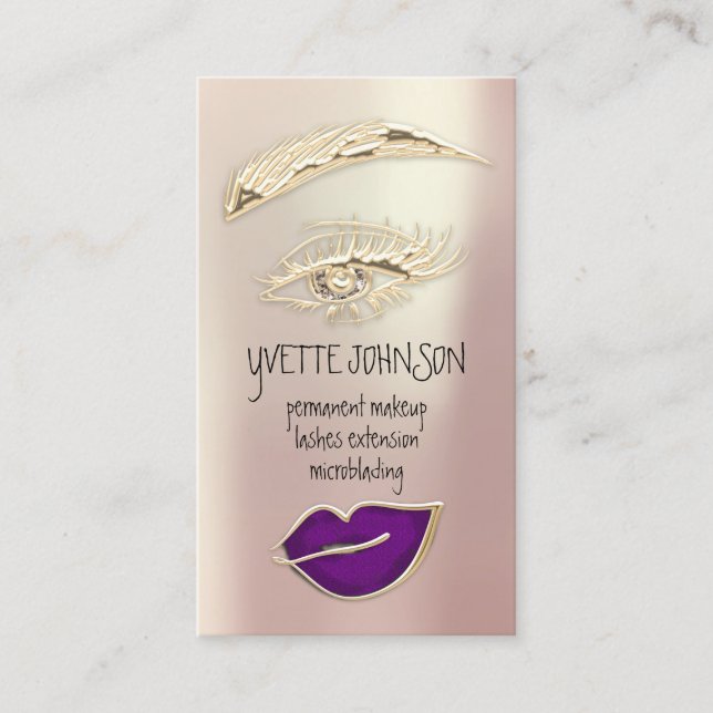 Lash Brow Permanent Makeup QRCode Gold Purple Lips Business Card (Front)