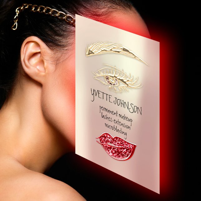 Lash Brow Permanent Makeup QRCode Gold Rose Red Business Card (Hair Makeup Nails Manicure Pedicure Black White Rack Card)